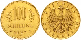 Gold der Habsburger Erblande und Österreichs Österreich 1. Republik, 1918-1938
100 Schilling 1927. 23,52 g. 900/1000.
gutes vorzüglich