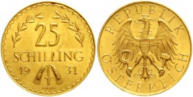 Gold der Habsburger Erblande und Österreichs Österreich 1. Republik, 1918-1938
25 Schilling 1931. 5,87 g. 900/1000.
vorzüglich/Stempelglanz