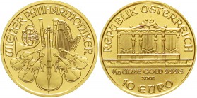 Gold der Habsburger Erblande und Österreichs Österreich 2. Republik, seit 1945
10 Euro (1/10 Unze Feingold) 2002. Philharmoniker.
Stempelglanz