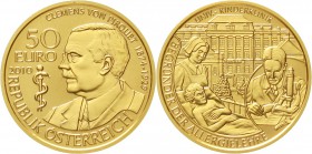 Gold der Habsburger Erblande und Österreichs Österreich 2. Republik, seit 1945
50 Euro 2010. Clemens von Pirquet. 10,14 g. 986/1000.
Stempelglanz
A...