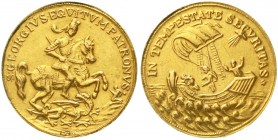 Gold der Habsburger Erblande und Österreichs Wien Stadt
St.-Georgsmedaille o.J. (um 1900) mit Wiener Goldpunze: A, Hundekopf, 4 und H.r. 3,29 g.
seh...