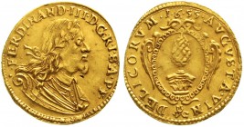 Altdeutsche Goldmünzen und -medaillen Augsburg Stadt
Dukat 1655. 3,35 g.
gutes sehr schön, Druckstelle unter dem Kinn