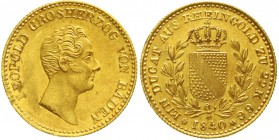 Altdeutsche Goldmünzen und -medaillen Baden-Durlach Carl Leopold Friedrich, 1830-1852
Rheingold-Dukat 1840. 3,67 g. Auflage nur 2004 Ex.
vorzüglich/...