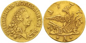 Altdeutsche Goldmünzen und -medaillen Brandenburg-Preussen Friedrich II., 1740-1786
Friedrichs d`or 1777 A, Berlin. 6,62 g.
gutes sehr schön, winz. ...