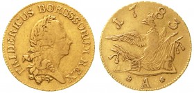 Altdeutsche Goldmünzen und -medaillen Brandenburg-Preussen Friedrich II., 1740-1786
Friedrichs d`or 1783 A, Berlin. 6,59 g.
fast sehr schön
