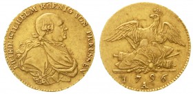 Altdeutsche Goldmünzen und -medaillen Brandenburg-Preussen Friedrich Wilhelm II., 1786-1797
Friedrichs d`or 1796 A, Berlin. 6,64 g.
sehr schön