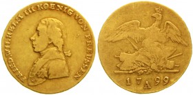 Altdeutsche Goldmünzen und -medaillen Brandenburg-Preussen Friedrich Wilhelm III., 1797-1840
Friedrichs d`or 1799 A. 6,57 g.
schön/sehr schön