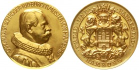 Altdeutsche Goldmünzen und -medaillen Hamburg-Stadt
Goldmedaille o.J. (um 1913) unsigniert. Von 2 Löwen gehaltenes, behelmtes Wappen. / Brb. Bürgerme...