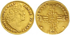 Altdeutsche Goldmünzen und -medaillen Hessen-Darmstadt Erst Ludwig, 1678-1739
1/4 Karolin (2 1/2 Gulden) 1733 GK, Darmstadt. 2,43 g.
sehr schön, seh...