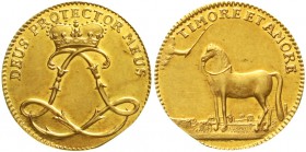 Altdeutsche Goldmünzen und -medaillen Hessen-Darmstadt Ludwig VIII., 1739-1768
Dukat o.J. (ca. 1750). Gekröntes Spiegelmonogramm/Pferd, davor Hand au...