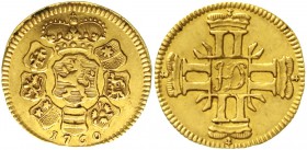 Altdeutsche Goldmünzen und -medaillen Hessen-Darmstadt Ludwig VIII., 1739-1768
Dukat 1760, Darmstadt. 4 gekrönte Spiegelmonogramme ins Kreuz gestellt...
