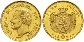 Altdeutsche Goldmünzen und -medaillen Hessen-Darmstadt Ludwig I., 1806-1830
10 Gulden 1827, Darmstadt. 6,74 g. Auflage nur 1705 Ex.
fast Stempelglan...