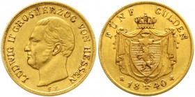 Altdeutsche Goldmünzen und -medaillen Hessen-Darmstadt Ludwig II., 1830-1848
5 Gulden 1840. sehr schön/vorzüglich, winz. Randfehler