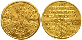 Altdeutsche Goldmünzen und -medaillen Nürnberg Stadt
Dukat 1650. Westfälischer Friede: Friedensvollziehungsschluss. Titel Ferdinand III. 3,42 g.
gut...