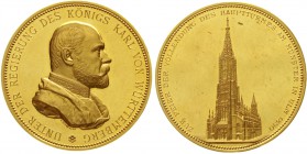 Altdeutsche Goldmünzen und -medaillen Württemberg Karl, 1864-1891
Goldmedaille zu 15 Dukaten 1890 von Schwenzer. Vollendung des Hauptturmes am Ulmer ...