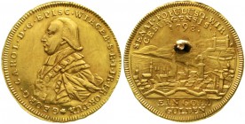 Altdeutsche Goldmünzen und -medaillen Würzburg Georg Karl von Fechenbach 1795-1802
Neujahrsgoldgulden 1798. Brustb. n.r./Stadtansicht. 3,18 g.
vorzü...