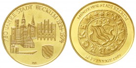 Thematische Goldmedaillen Numismatik
Feingoldmedaille 1974. 750 Jahrfeier der Stadt Beckum. Stadtansicht/Münze der Stadt Beckum (12 Pfennige 1595). 2...