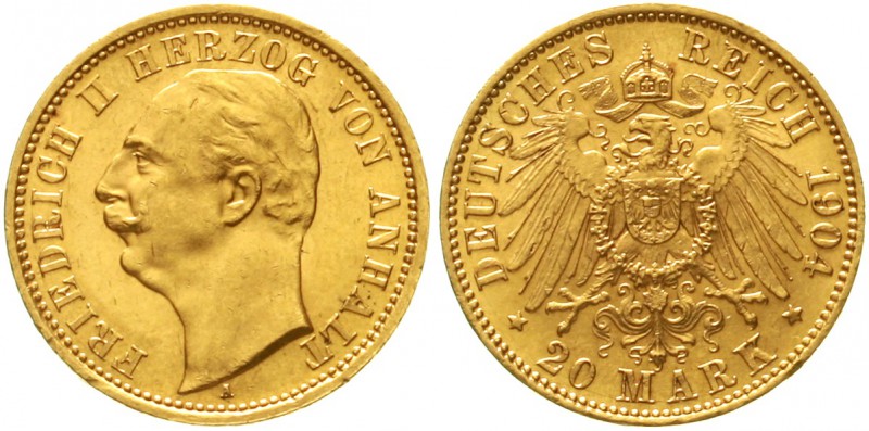 Reichsgoldmünzen Anhalt Friedrich II., 1904-1918
20 Mark 1904 A. vorzüglich/Ste...