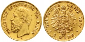 Reichsgoldmünzen Baden Friedrich I., 1856-1907
5 Mark 1877 G. vorzüglich/Stempelglanz, leichte prägebed. Randunebenheiten