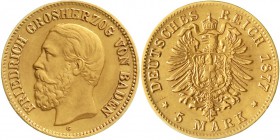 Reichsgoldmünzen Baden Friedrich I., 1856-1907
5 Mark 1877 G. sehr schön