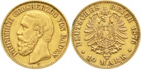 Reichsgoldmünzen Baden Friedrich I., 1856-1907
10 Mark 1876 G. sehr schön, Fassungsspuren