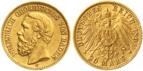 Reichsgoldmünzen Baden Friedrich I., 1856-1907
20 Mark 1895 G. vorzüglich/Stempelglanz, winz. Randfehler