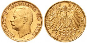 Reichsgoldmünzen Baden Friedrich II., 1907-1918
10 Mark 1910 G. vorzüglich, etwas berieben und leichte prägebed. Randunebenheiten