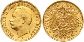 Reichsgoldmünzen Baden Friedrich II., 1907-1918
10 Mark 1912 G. Var. mit offener 0 in Wertzahl.
fast Stempelglanz, Prachtexemplar