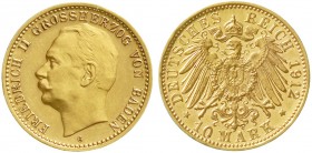 Reichsgoldmünzen Baden Friedrich II., 1907-1918
10 Mark 1912 G. Var. mit interesantem Stempelfehler in der "0" der Wertzahl.
vorzüglich, kl. Kratzer...