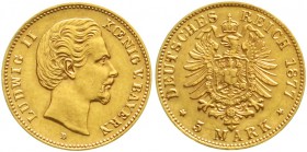 Reichsgoldmünzen Bayern Ludwig II., 1864-1886
5 Mark 1877 D. vorzüglich
