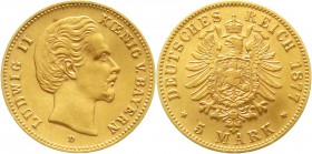 Reichsgoldmünzen Bayern Ludwig II., 1864-1886
5 Mark 1877 D. sehr schön, kl. Kratzer