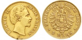 Reichsgoldmünzen Bayern Ludwig II., 1864-1886
5 Mark 1877 D. fast sehr schön, berieben, Randfehler, Fassungsspur