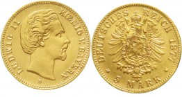 Reichsgoldmünzen Bayern Ludwig II., 1864-1886
5 Mark 1877 D. sehr schön, Broschierspur
