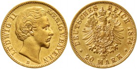 Reichsgoldmünzen Bayern Ludwig II., 1864-1886
20 Mark 1874 D. sehr schön/vorzüglich