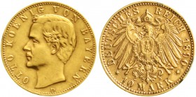 Reichsgoldmünzen Bayern Otto, 1886-1913
10 Mark 1890 D. sehr schön, Randfehler und Lötspur am Rand