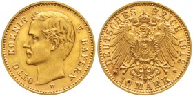 Reichsgoldmünzen Bayern Otto, 1886-1913
10 Mark 1912 D. vorzüglich aus EA, kl. Kratzer