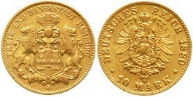 Reichsgoldmünzen Hamburg
10 Mark 1880 J. sehr schön