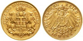 Reichsgoldmünzen Hamburg
10 Mark 1906 J. vorzüglich/Stempelglanz