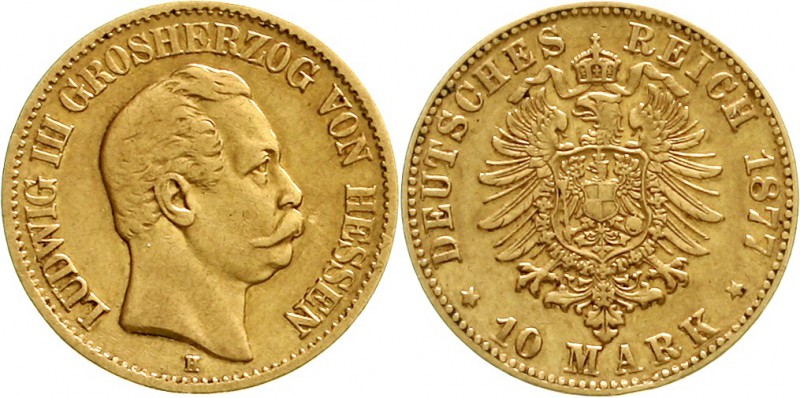 Reichsgoldmünzen Hessen Ludwig III., 1848-1877
10 Mark 1877 H. fast sehr schön...