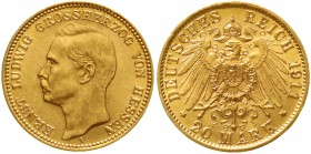 Reichsgoldmünzen Hessen Ernst Ludwig, 1892-1918
20 Mark 1911 A. prägefrisch/fast Stempelglanz