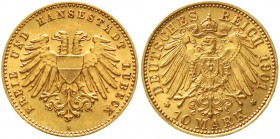 Reichsgoldmünzen Lübeck Freie und Hansestadt
10 Mark 1901 A. Kleines Wappen. fast Stempelglanz, Prachtexemplar