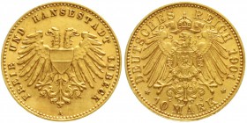 Reichsgoldmünzen Lübeck Freie und Hansestadt
10 Mark 1901 A. Kleines Wappen. vorzüglich/Stempelglanz