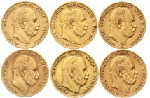 Reichsgoldmünzen Preußen Wilhelm I., 1861-1888
6 X 10 Mark: 1872 A, 1873 A (kl. Randfehler), 2 X 1873 C und 2 X 1875 A.
sehr schön