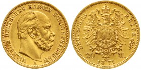 Reichsgoldmünzen Preußen Wilhelm I., 1861-1888
20 Mark 1871 A. 1. Reichsmünze.
gutes vorzüglich, selten in dieser Erhaltung