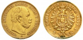 Reichsgoldmünzen Preußen Wilhelm I., 1861-1888
5 Mark 1877 A. sehr schön, Lötzinn-Anhaftungen