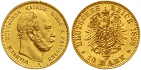 Reichsgoldmünzen Preußen Wilhelm I., 1861-1888
10 Mark 1888 A. 3 Kaiserjahr.
gutes vorzüglich aus Polierte Platte, winz. Randfehler