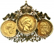 Reichsgoldmünzen Preußen Wilhelm I., 1861-1888
Herrliche Brosche mit 3 Goldmünzen aus 1888. 3 Kaiserjahr. 10 Mark Wilhelm I., 10 Mark Friedrich III. ...