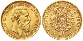 Reichsgoldmünzen Preußen Friedrich III., 1888
10 Mark 1888 A. fast Stempelglanz, Prachtexemplar