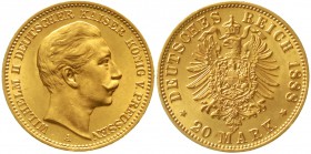 Reichsgoldmünzen Preußen Wilhelm II., 1888-1918
20 Mark 1888 A. 3 Kaiserjahr.
fast Stempelglanz, Prachtexemplar