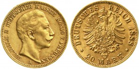 Reichsgoldmünzen Preußen Wilhelm II., 1888-1918
20 Mark 1888 A. 3 Kaiserjahr.
sehr schön/vorzüglich